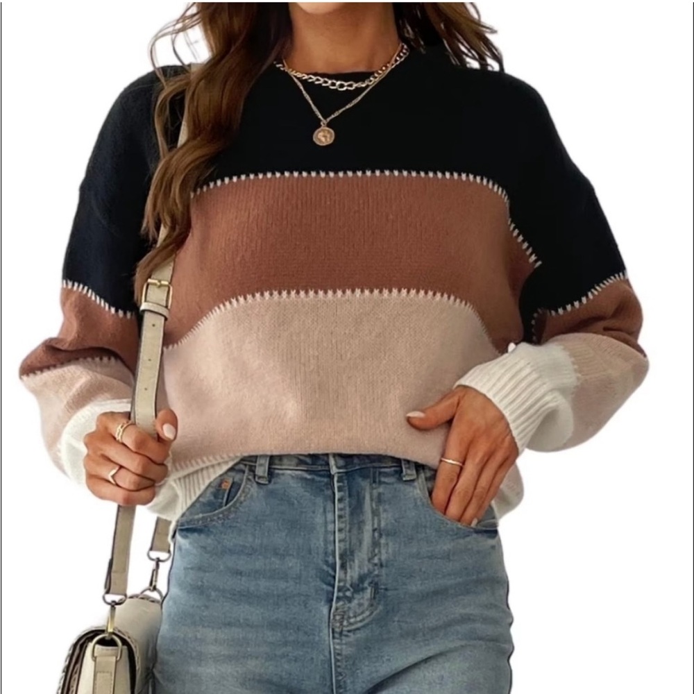 Cupshe Colorblock Sweater - Black, Brown, Cream